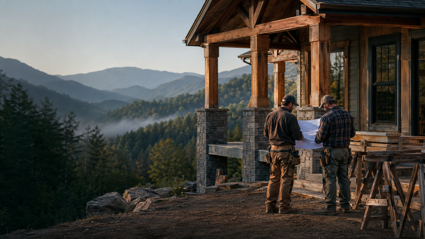 Contractors reviewing plans at a Western North Carolina mountain home